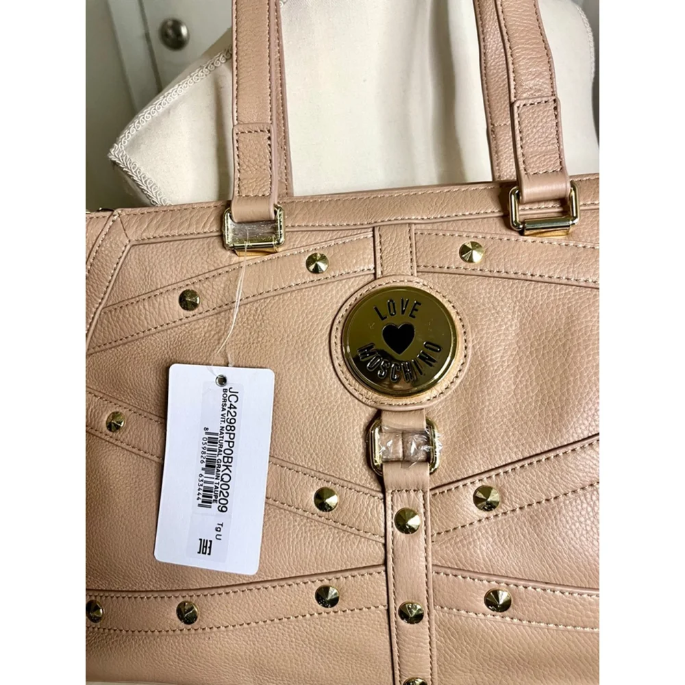 NWT Love Moschino Borsa Leather Tan Tote Bag with studded details